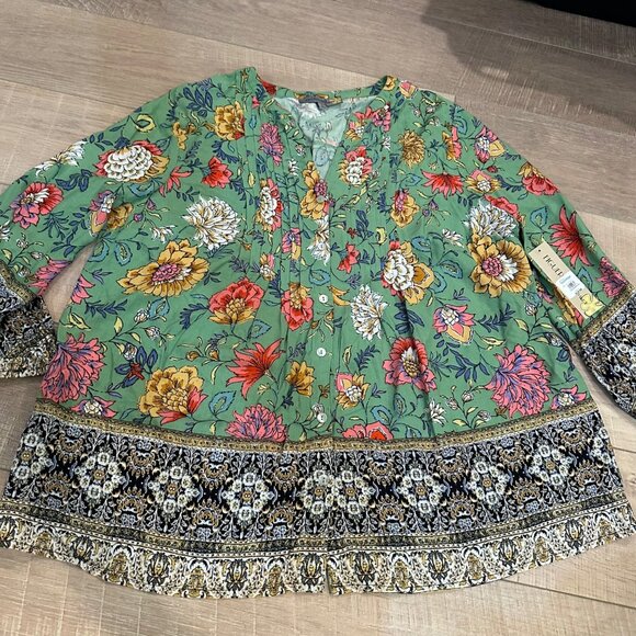 Figueroa & Flower Womens Floral Green Peasant Top With Border Detail Large new - Picture 1 of 8